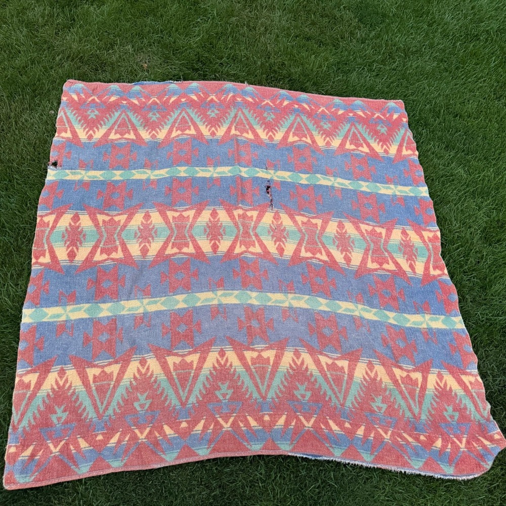 Vintage Southwest Geometric Tribal Throw Blanket Blue Red Aztec Navajo Style